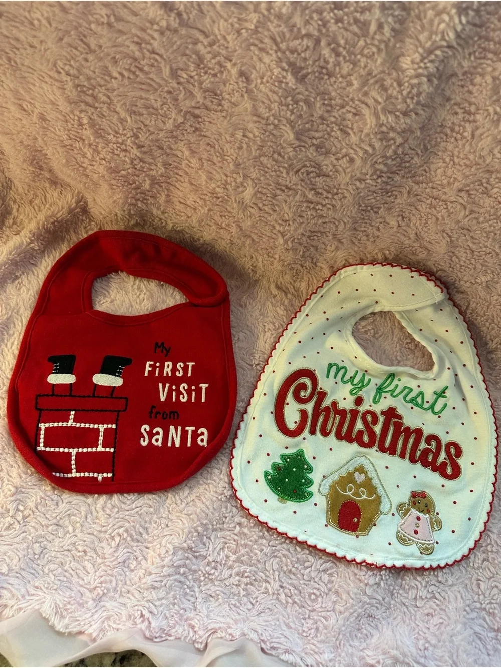 Baby Bib Set: Red and White 'My First Christmas' and ‘My First Visit From Santa’